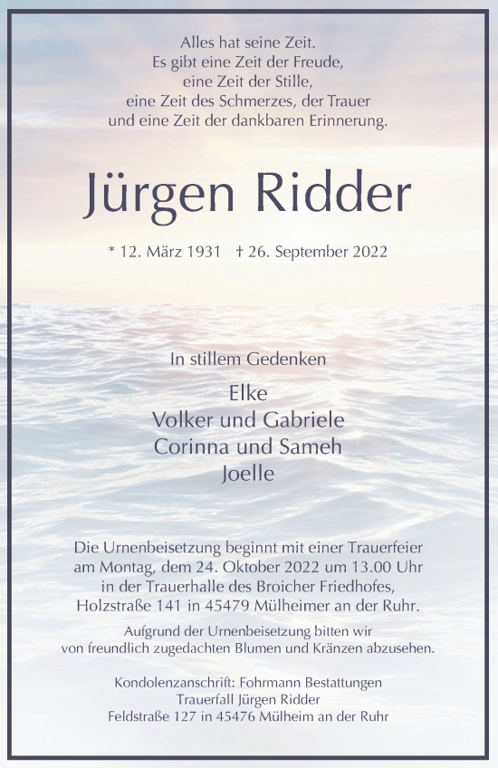 Traueranzeige von Jürgen Ridder von Anzeigenblätter/Lokalkompass
