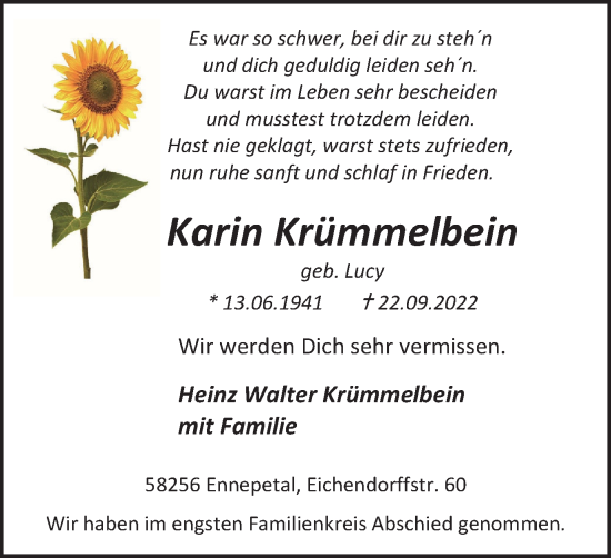 Traueranzeige von Karin Krümmelbein von Tageszeitung