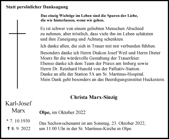 Traueranzeige von Karl-Josef Marx von Tageszeitung