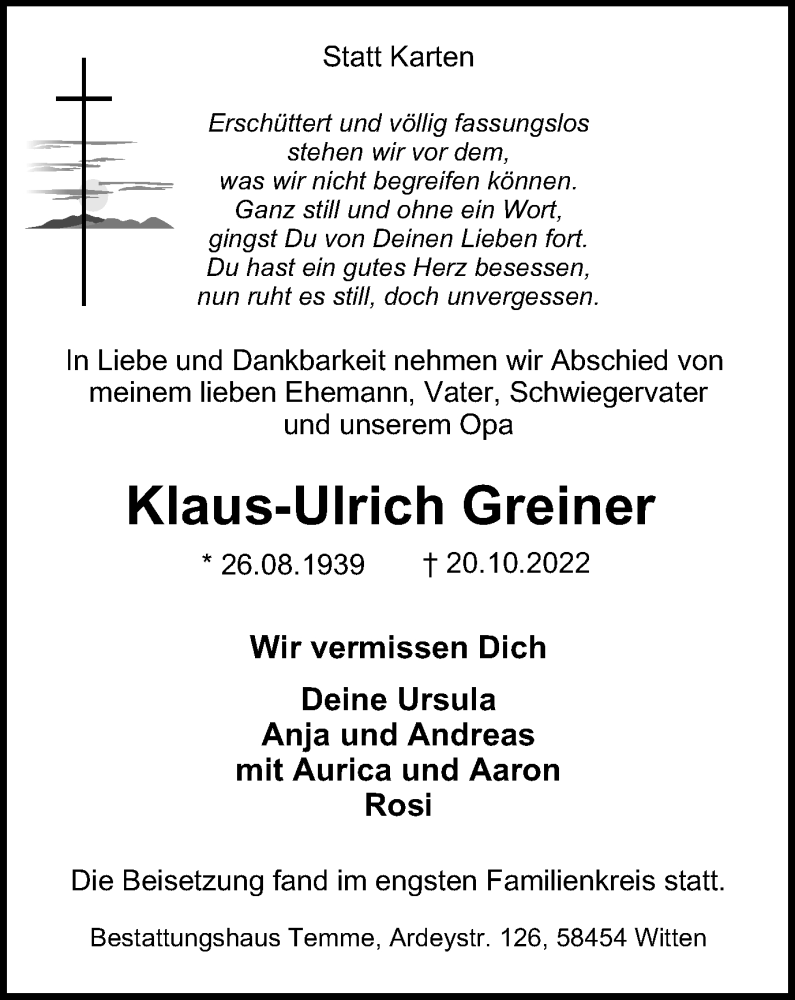  Traueranzeige für Klaus-Ulrich Greiner vom 29.10.2022 aus Tageszeitung