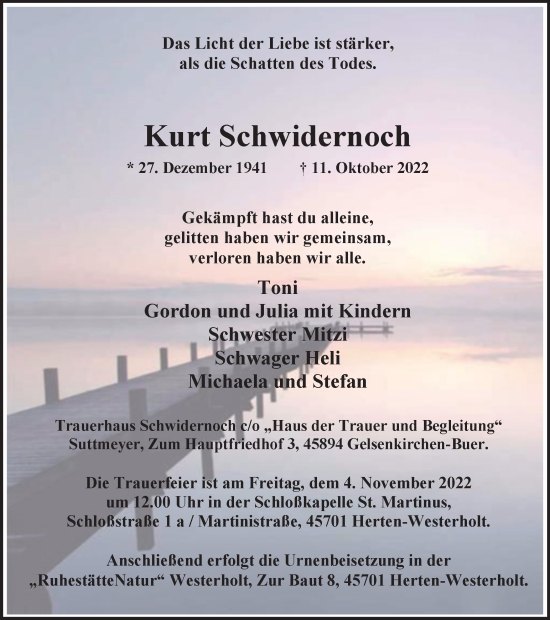 Traueranzeige von Kurt Schwidernoch von Tageszeitung