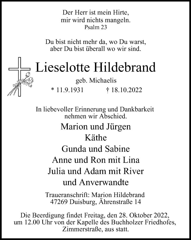  Traueranzeige für Lieselotte Hildebrand vom 26.10.2022 aus Tageszeitung