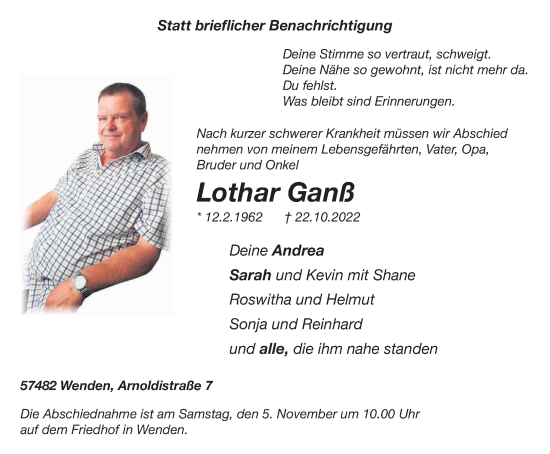 Traueranzeige von Lothar Ganß von Tageszeitung