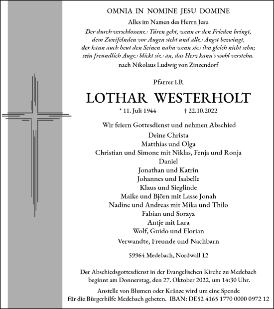 Traueranzeige von Lothar Westerholt von Tageszeitung