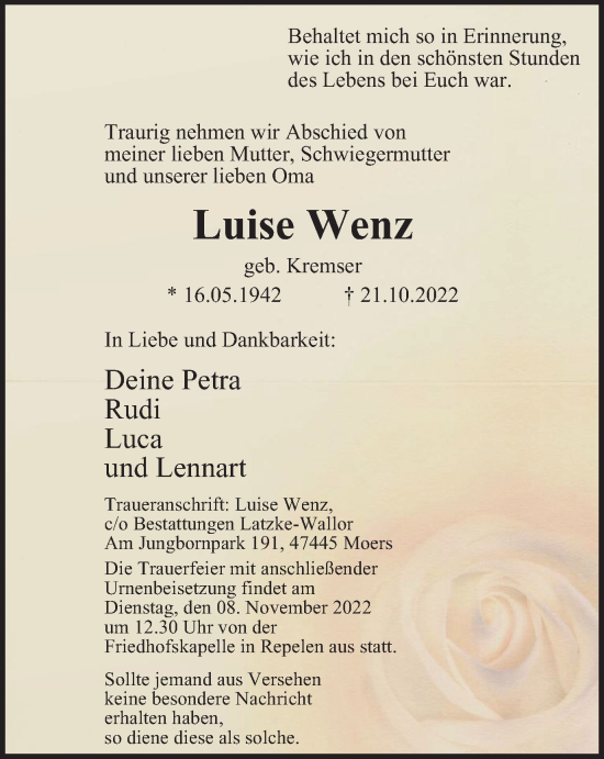 Traueranzeige von Luise Wenz von Tageszeitung