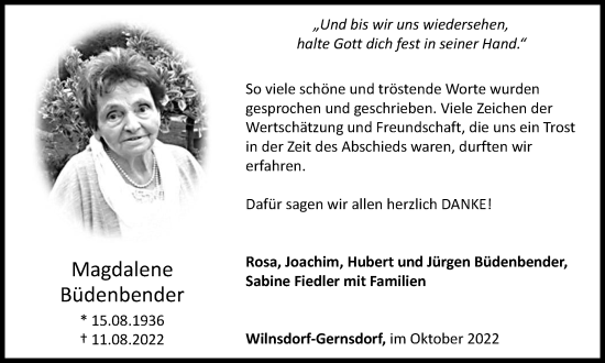 Traueranzeige von Magdalene Büdenbender von Tageszeitung