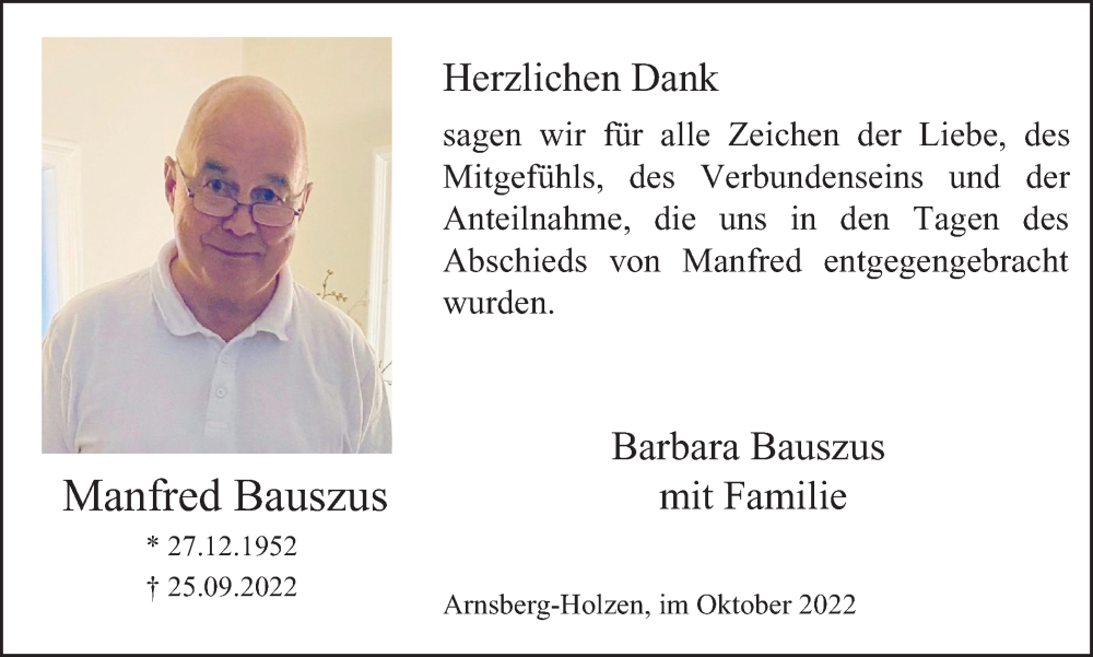  Traueranzeige für Manfred Bauszus vom 29.10.2022 aus Tageszeitung
