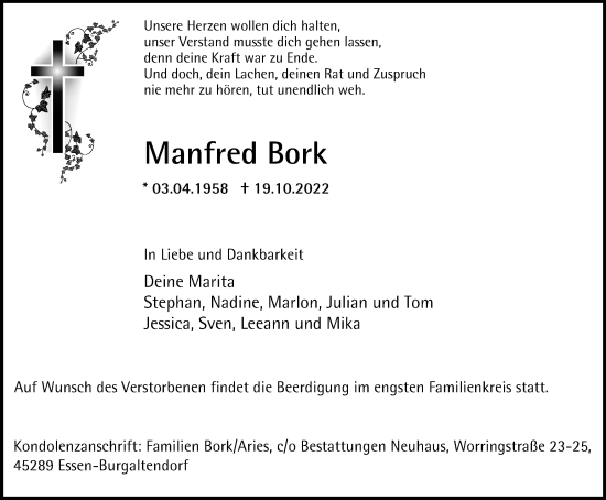 Traueranzeige von Manfred Bork von Tageszeitung