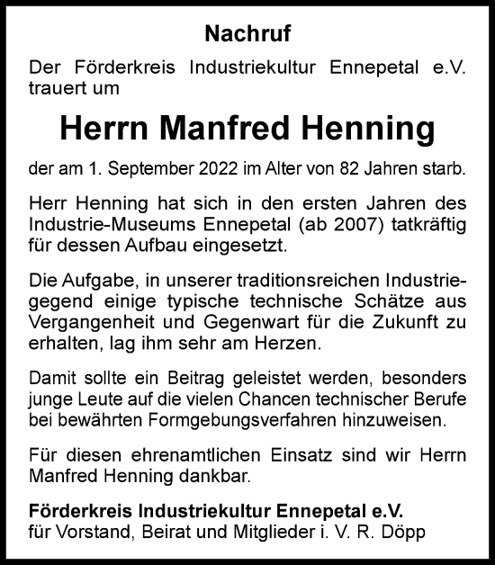Traueranzeige von Manfred Henning von Tageszeitung