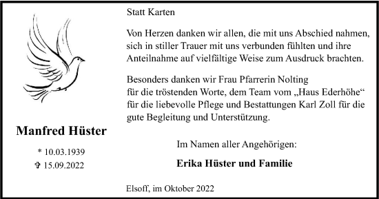 Traueranzeige von Manfred Hüster von Tageszeitung