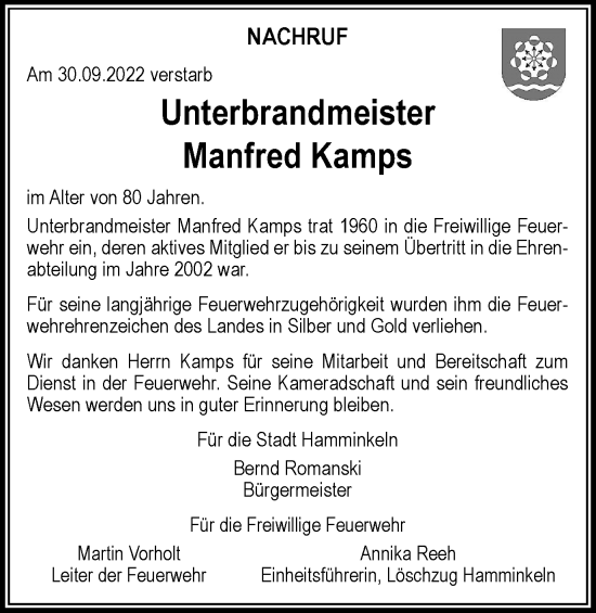 Traueranzeige von Manfred Kamps von Tageszeitung