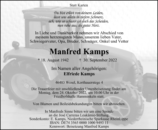 Traueranzeige von Manfred Kamps von Anzeigenblätter/Lokalkompass