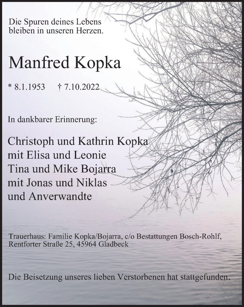  Traueranzeige für Manfred Kopka vom 15.10.2022 aus Anzeigenblätter/Lokalkompass