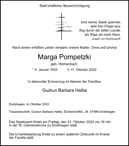 Traueranzeige von Marga Pompetzki von Tageszeitung