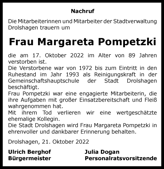 Traueranzeige von Margareta Pompetzki von Tageszeitung