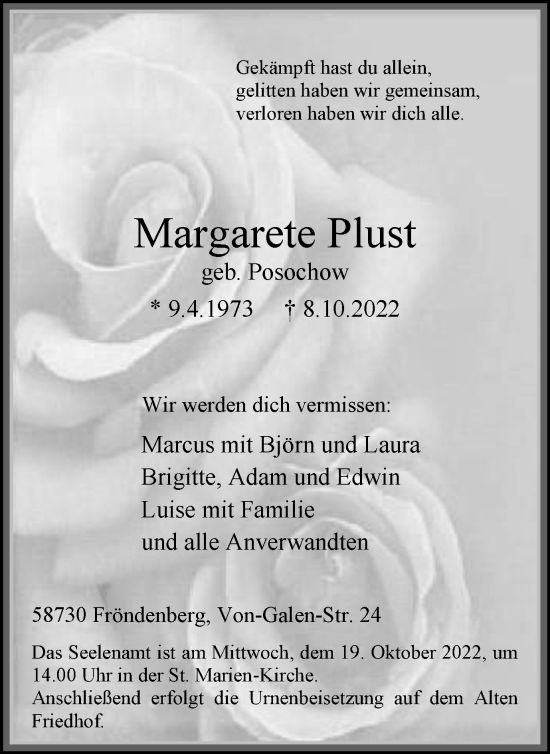 Traueranzeige von Margarete Plust von Anzeigenblätter/Lokalkompass