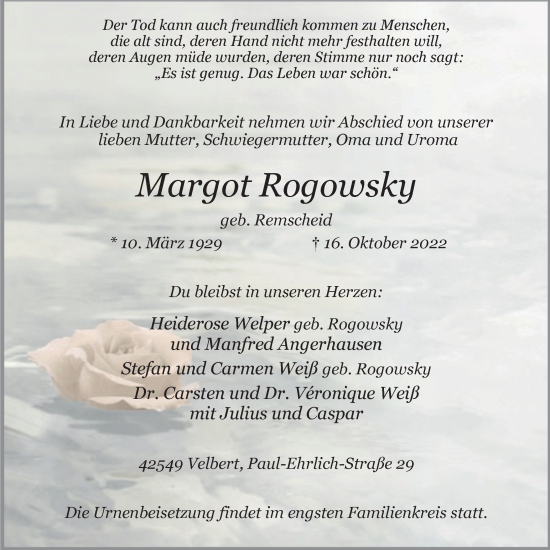 Traueranzeige von Margot Rogowsky von Tageszeitung