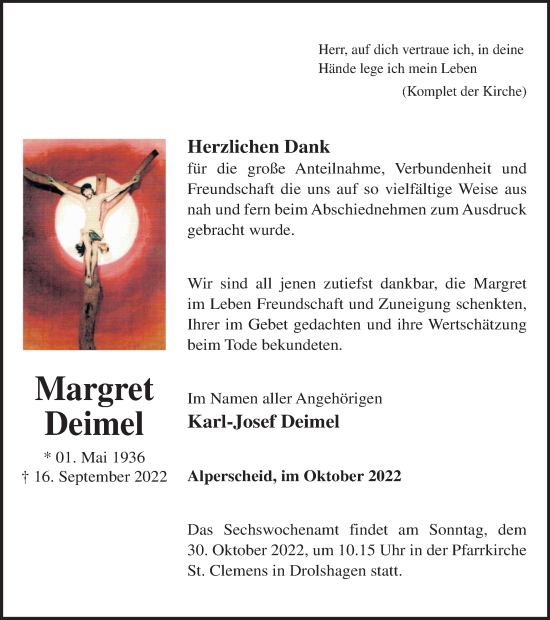 Traueranzeige von Margret Deimel von Tageszeitung