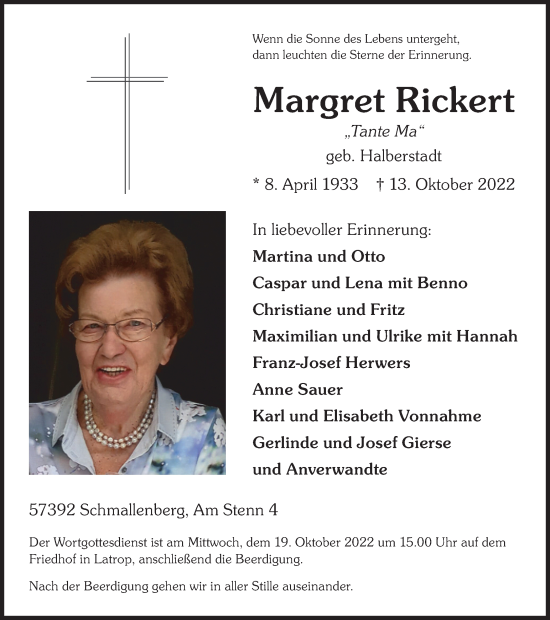 Traueranzeige von Margret Rickert von Tageszeitung