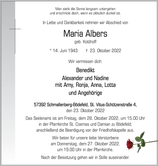 Traueranzeige von Maria Albers von Tageszeitung