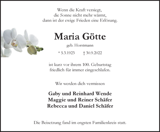 Traueranzeige von Maria Götte von Tageszeitung