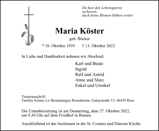 Traueranzeige von Maria Köster von Tageszeitung