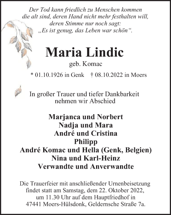 Traueranzeige von Maria Lindic von Tageszeitung