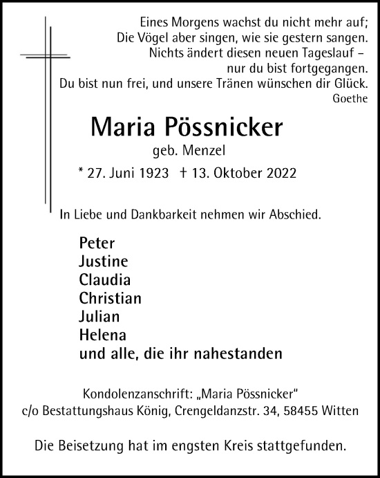Traueranzeige von Maria Pössnicker von Tageszeitung