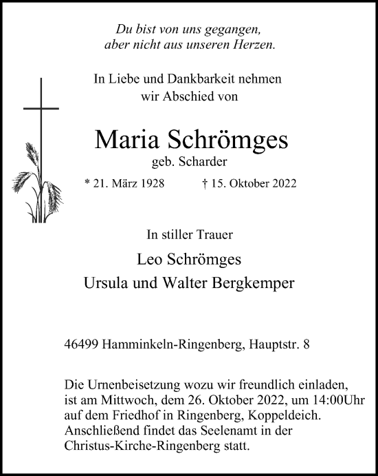 Traueranzeige von Maria Schrömges von Tageszeitung