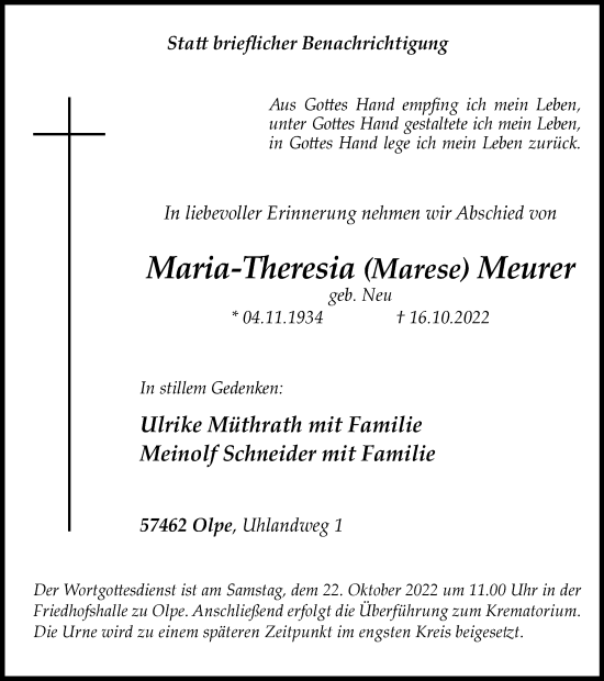 Traueranzeige von Maria-Theresia  Meurer von Tageszeitung