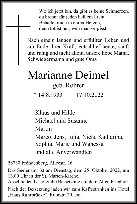 Traueranzeige von Marianne Deimel von Tageszeitung