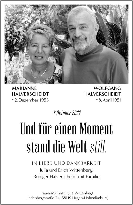 Traueranzeige von Marianne und Wolfgang Halverscheidt von Tageszeitung