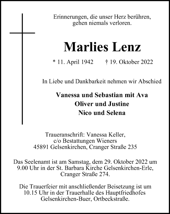 Traueranzeige von Marlies Lenz von Tageszeitung