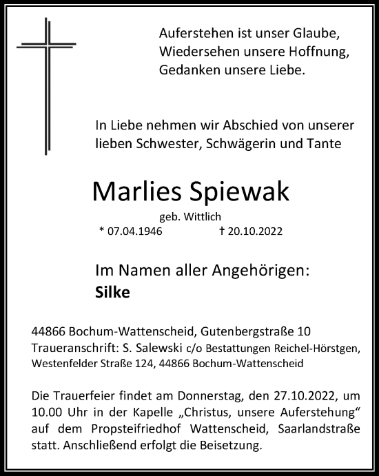 Traueranzeige von Marlies Spiewak von Tageszeitung