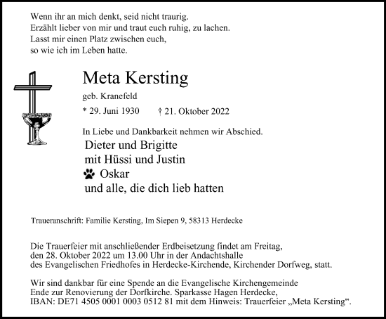 Traueranzeige von Meta Kersting von Tageszeitung