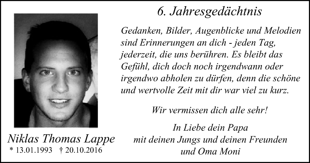  Traueranzeige für Niklas Thomas Lappe vom 20.10.2022 aus Tageszeitung