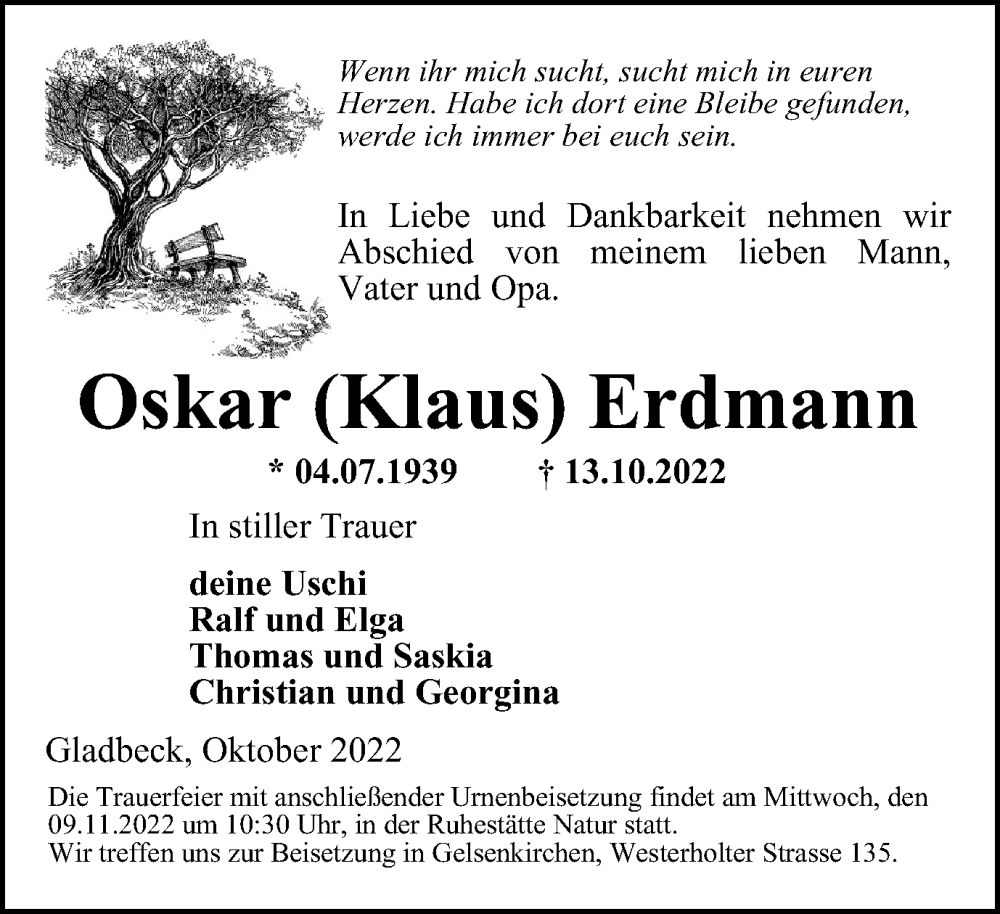  Traueranzeige für Oskar Erdmann vom 22.10.2022 aus Tageszeitung