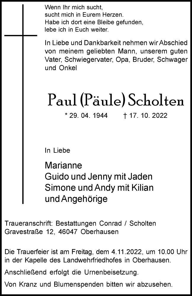  Traueranzeige für Paul  Scholten vom 29.10.2022 aus Tageszeitung