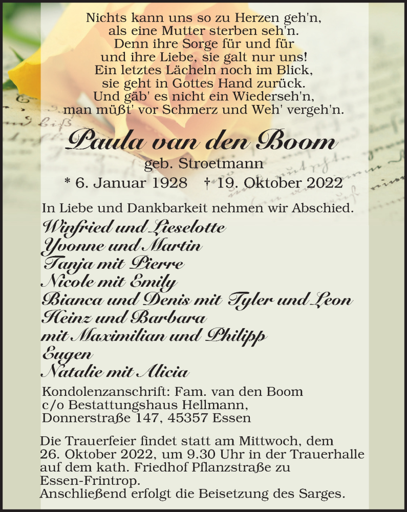  Traueranzeige für Paula van den Boom vom 22.10.2022 aus Tageszeitung