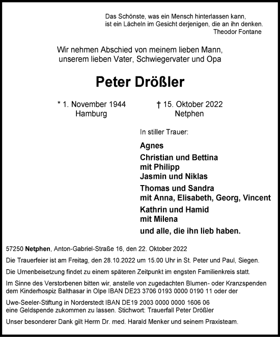 Traueranzeige von Peter Drößler von Tageszeitung