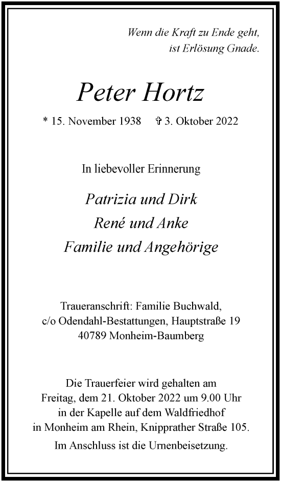 Traueranzeige von Peter Hortz von Anzeigenblätter/Lokalkompass