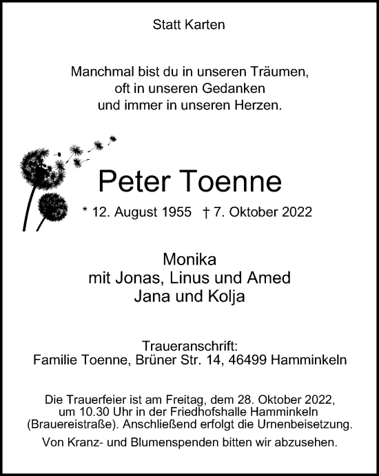 Traueranzeige von Peter Toenne von Tageszeitung