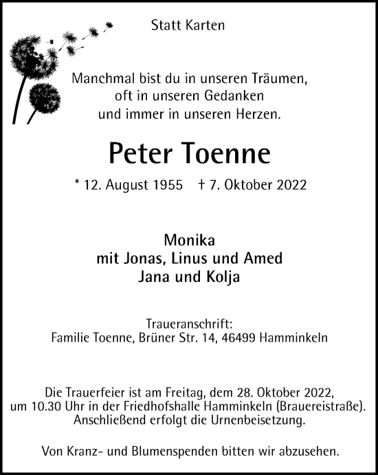 Traueranzeige von Peter Toenne von Tageszeitung