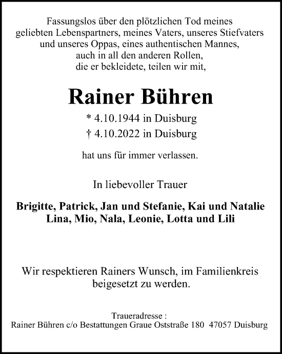 Traueranzeige von Rainer Bühren von Tageszeitung