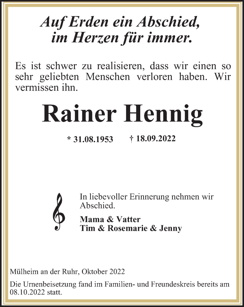  Traueranzeige für Rainer Hennig vom 15.10.2022 aus Tageszeitung