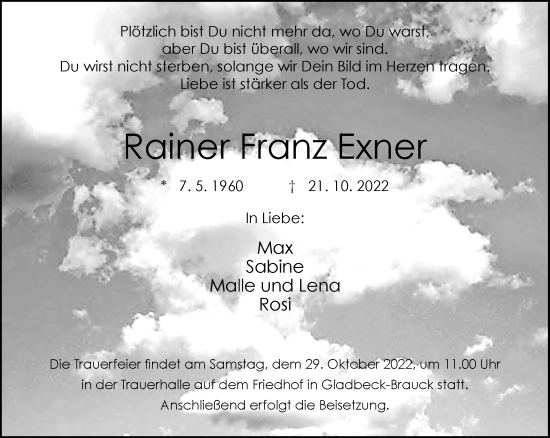 Traueranzeige von Rainer Franz Exner von Tageszeitung