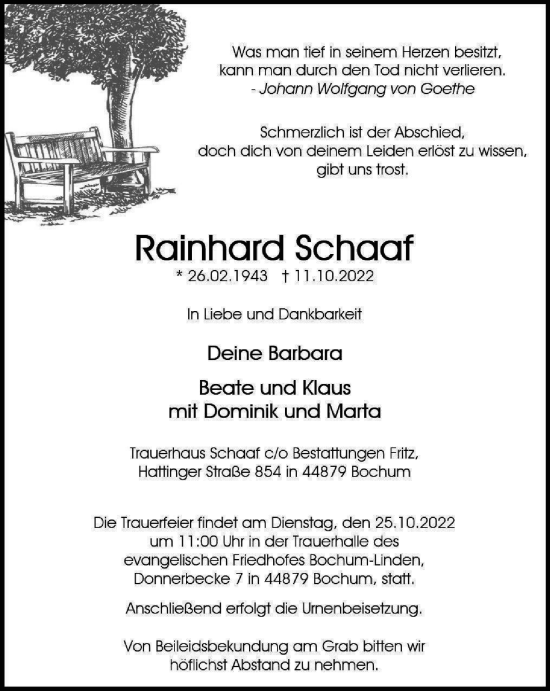 Traueranzeige von Rainhard Schaaf von Tageszeitung