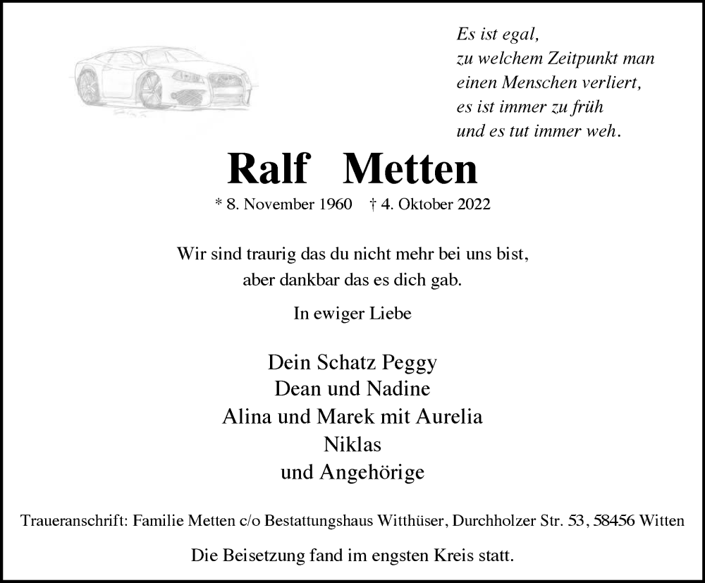  Traueranzeige für Ralf Metten vom 15.10.2022 aus Tageszeitung