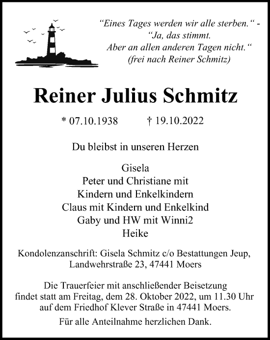 Traueranzeige von Reiner Julius Schmitz von Tageszeitung