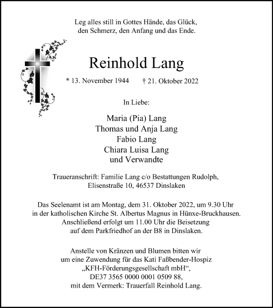 Traueranzeige von Reinhold Lang von Tageszeitung